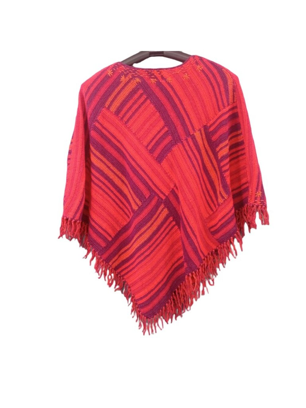 Vintage Jane Seymor Womens Poncho Size OS Fringe Patchwork Knit Red Purple V Nec - Picture 5 of 7